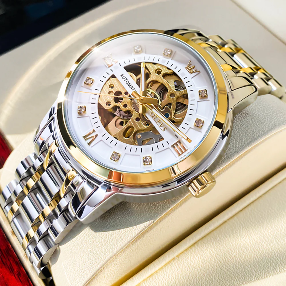 OLEVS 9901 Watches for Men Automatic Watch Mechanical Gold Wrist Watches Luxury Diamond Stainess Steel Waterproof Luminous - Image 4