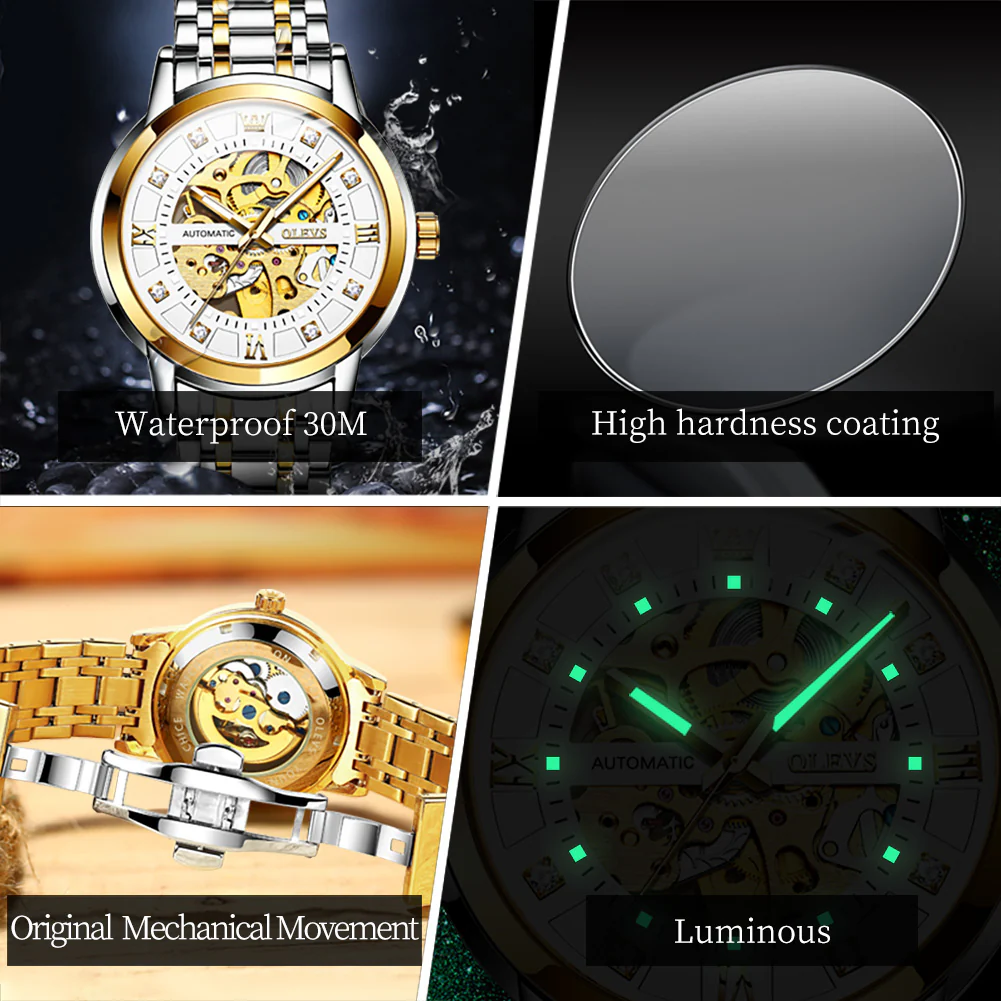 OLEVS 9901 Watches for Men Automatic Watch Mechanical Gold Wrist Watches Luxury Diamond Stainess Steel Waterproof Luminous - Image 5